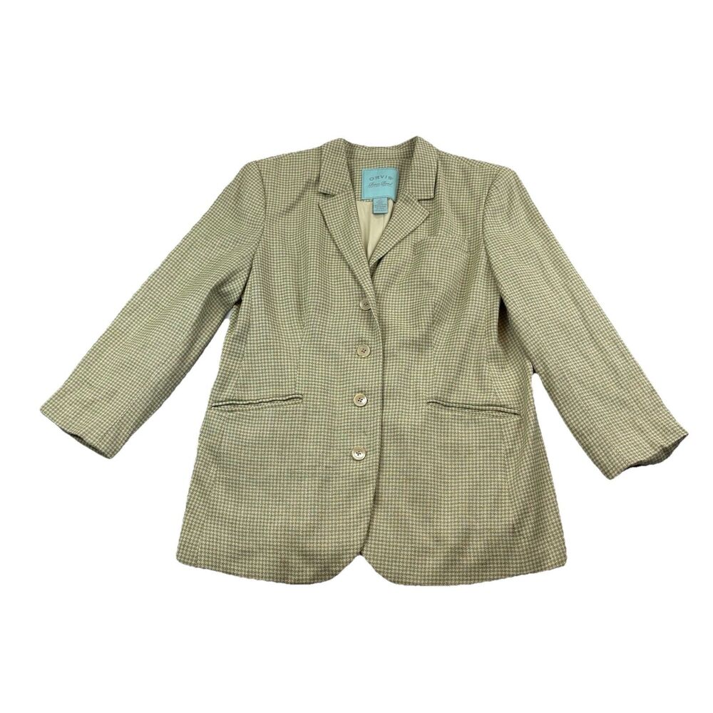 Vintage Orvis River Road Blazer 100% Silk Womens 14 Green Ivory Houndstooth